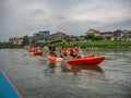 Unacquainted tourist kayaking on namsong river at vangvieng city Laos.