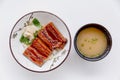 Unadon Japanese Rice Bowl Topping with Grilled Japanese Freshwater Eel with Teriyaki Sauce Served with Prickled Ginger Royalty Free Stock Photo