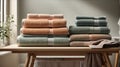 unadorned towel rack holding neatly folded plush towels Generative AI