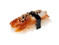 Unagi nigiri isolated on a white background.