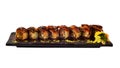 Unagi roll. Japanese eel sushi roll set on wooden ceramic plate.Traditional dinning of Japanese cui