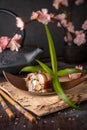 Unagi roll with smoked eel, avocado, cream with Philadelphia cheese, tobiko caviar. Sushi menu. Royalty Free Stock Photo