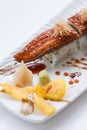 Unagi Sushi : Japanese Rice Wraped Avocado and Cheese Topping with Grilled Unagi Japanese Freshwater Eel and Katsuobushi Royalty Free Stock Photo