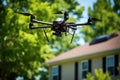 unarmed surveillance drone hovering in quiet neighborhood