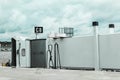 Unattached airport jetway on a cloudy day in Boston, May 15 2017, horizontal aspect