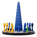 The unattainable king. Unusual 3D chess pieces on white background