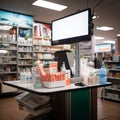 Unattended drugstore counter stocked with health essentials, waiting for clientÃÂ¨le.