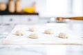 unbaked naan dough balls lined up on a floured surface