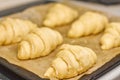 Unbaked raw croissants on a black tray with baking paper. Process of preparation of dessert from yeast dough. Concept of Royalty Free Stock Photo