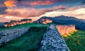 Unbelievabl sunset on ruins of Rozafa Castle. Spectacular evening scene of Shkoder city.