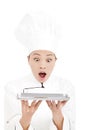 Unbelievable asian woman chef holding tray Royalty Free Stock Photo