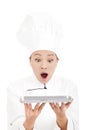 Unbelievable asian woman chef holding tray Royalty Free Stock Photo