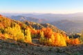 Unbelievable autumn day. Landscape with beautiful mountains, fields and forests. The lawn is enlightened by the sun rays.