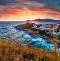 Unbelievable evening scene of Calvi port. Stuning summer sunset of Corsica island, France