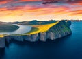 Unbelievable evening view from flying drone of Sorvagsvatn lake, Vagar, Faroe Islands, Denmark, Europe. Wonderful summer sunset on