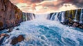 Unbelievable morning view from flying drone of Selfoss Waterfall.