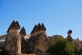 Unbelievable nature landscape of shaped sandstone rocks against blue sky. Famous Fairy Chimneys or Multihead stone mushrooms