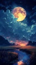 Unbelievable Night Sky: A Mesmerizing Landscape of Moon, River Royalty Free Stock Photo