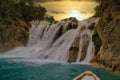 Unbelievable summer morning scene on the Waterfall EL SALTO-EL MECO san luis potosi Mexico,Colorful sunrise . Beauty of nature