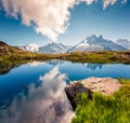 Unbelievable summer view of Lac Blanc lake with Mont Blanc Monte Bianco on background, Chamonix location. Fantastic outdoor scen