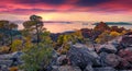 Unbelievable summer view of Saronic Islands from popular tourist destination - Methana Volcano.