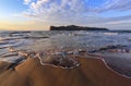 Unbelievable sunrise. Beautiful summertime view seascape. The wet sand on the sea coast. Morning landscape. island Crete, Greece. Royalty Free Stock Photo