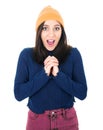 Unbelievable. Thrilled woman with opened mouth and clenched fists, isolated on white background. Surprised female person. Yes