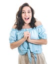 Unbelievable. Thrilled woman with opened mouth and clenched fists, isolated on white background. Surprised female person. Yes