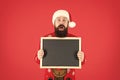 Unbelievable. Winter announcement. Winter event. Winter holidays. Man hold blank blackboard copy space. Guy santa claus