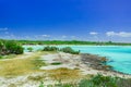 amazing view from a cliff on tranquil turquoise ocean and beach against blue sky magic background at Cayo Coco Cuban island Royalty Free Stock Photo