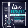 Vector illutration banner with an acoustic guitar and a microphone for concert, live music and party Royalty Free Stock Photo