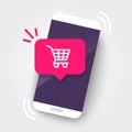 Smartphone with shopping cart notification, new purchase, online store order with phone. Flat design UI / UX web element