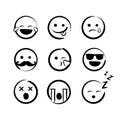 Vector illustration hand drawn ink emojis faces. Doddle emoticons sketch with differrent emotions. Royalty Free Stock Photo