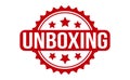 Unboxing Rubber Stamp. Red Unboxing Rubber Grunge Stamp Seal Vector Illustration - Vector Royalty Free Stock Photo