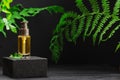 Unbranded bottle with oil for hair on pedestal. Transparent glass container with dispenser on natural background. Advertisement. Royalty Free Stock Photo