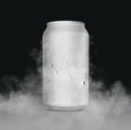 An unbranded freezing cold aluminum tin can with cold vapor an isolated dark studio background - 3D render