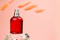 Unbranded perfume spray red bottle on crystal podium and peach colour lagurus herbs on pink background. Mockup with copy space.