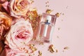 Unbranded perfume transparent white bottle, pink gold roses and pieces of golden paper on light pink background. Top view, Luxury