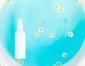 Unbranded skincare products white plastic bottle with dispenser and flacons. Tube for cream shampoo. Blue ocean water background, Royalty Free Stock Photo