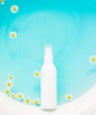 Unbranded skincare products white plastic bottle with dispenser and flacons. Tube for cream shampoo. Blue ocean water background, Royalty Free Stock Photo