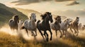 Unbridled Majesty: A Group of Majestic Horses Galloping Across an Expansive Landscape