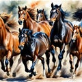 Unbridled Watercolor Drawing of a Herd of Wild Horses Royalty Free Stock Photo