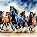 Unbridled Watercolor Drawing of a Herd of Wild Horses Royalty Free Stock Photo