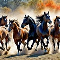 Unbridled Watercolor Drawing of a Herd of Wild Horses Royalty Free Stock Photo