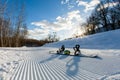 Unbroken ski slope, snowboard and goggles Royalty Free Stock Photo