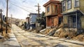 Uncanny Valleys Ink Painting Of Abandoned Nevins St With Detailed Layered Compositions