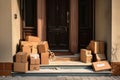 Unclaimed parcels at a front door created with generative AI technology