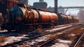 unclaimed rusty freight wagons derailed or on abandoned branches.