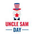 Uncle Sam Day. Cute gnome wearing patriotic hat. USA holiday on September 13th. Vector template for banner, poster