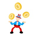 Uncle sam America man and gold coin money dollar cartoon doodle flat design vector illustration